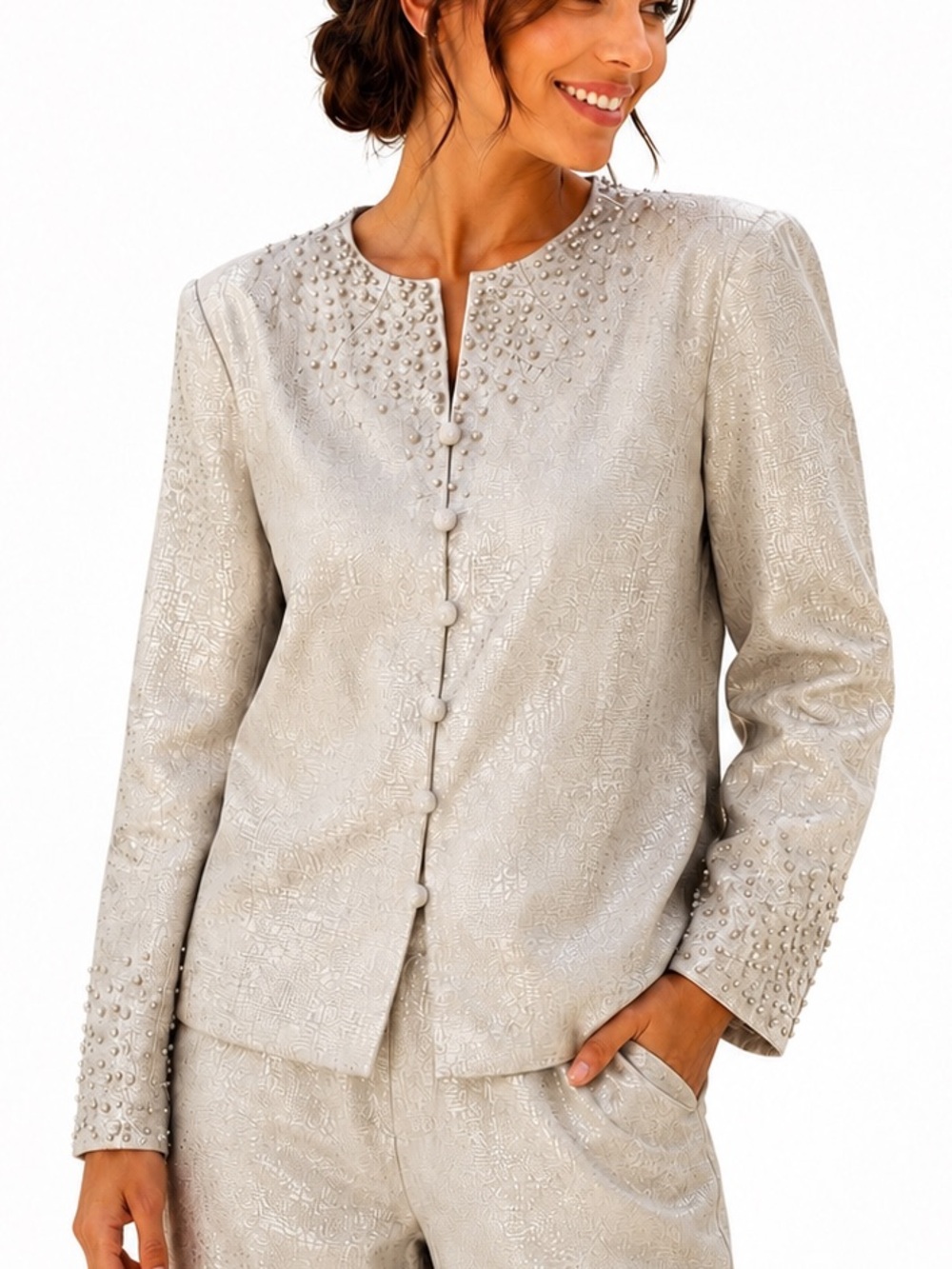 Adrianna Papell Vintage Beige 100% Silk Pearl Embellished Evening Jacket Size 14